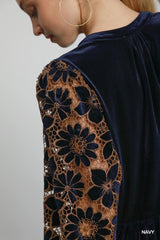 Umgee Velvet Lace Babydoll Blouse - Navy