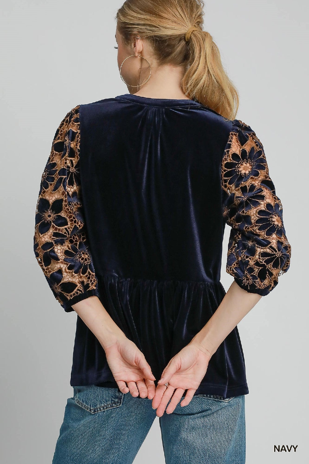 Umgee Velvet Lace Babydoll Blouse - Navy