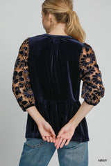 Umgee Velvet Lace Babydoll Blouse - Navy