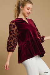 Umgee Velvet Lace Babydoll Blouse - Wine