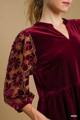 Umgee Velvet Lace Babydoll Blouse - Wine