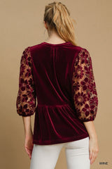 Umgee Velvet Lace Babydoll Blouse - Wine