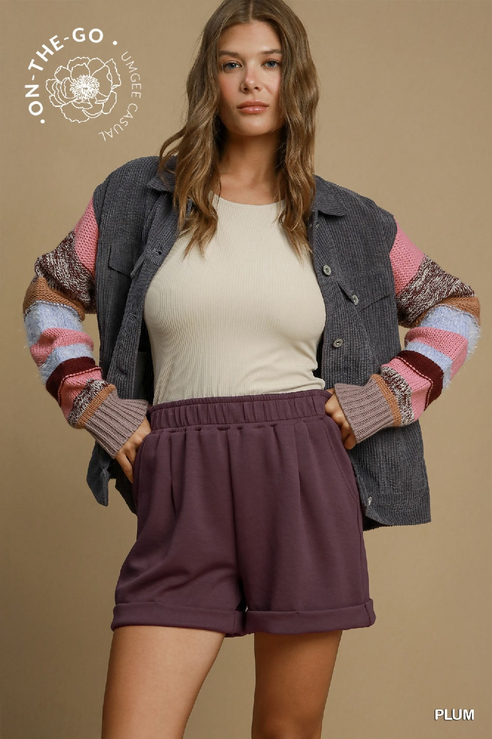 Umgee Luxeknit Shorts w/ Rolled Cuffs - Plum