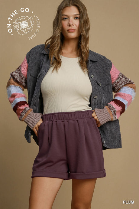 Umgee Luxeknit Shorts w/ Rolled Cuffs - Plum