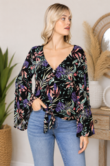 Kyemi Tropical Print Bell Sleeve Tie Front Blouse  - Black