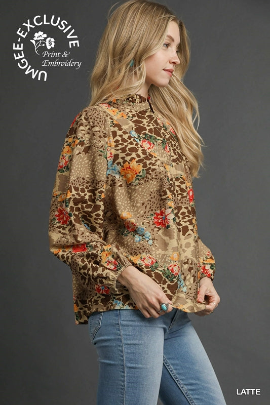 Umgee Exclusive Latte Floral Animal Patchwork Blouse