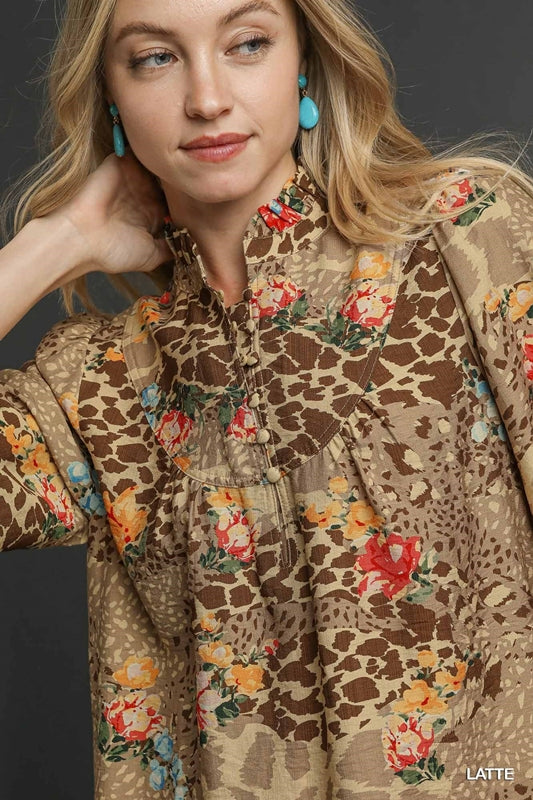Umgee Exclusive Latte Floral Animal Patchwork Blouse