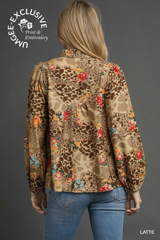 Umgee Exclusive Latte Floral Animal Patchwork Blouse