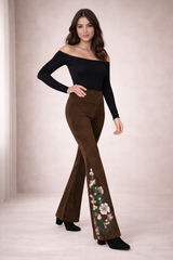 Dexterous Mineral Wash Stamped Floral Yoga Bootcut Bell Pants - Brown