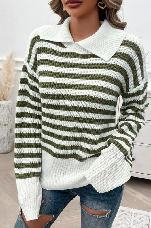 Lisa Striped Lapel Collar Pullover Knit Top - Army Green