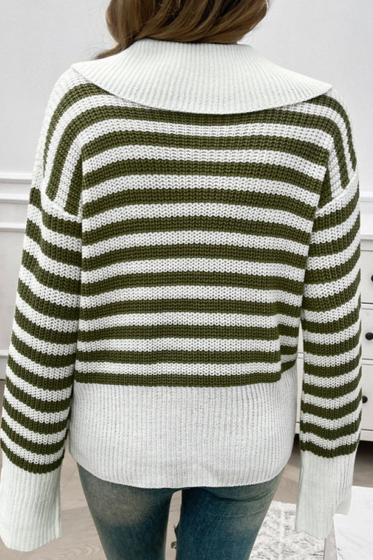 Lisa Striped Lapel Collar Pullover Knit Top - Army Green