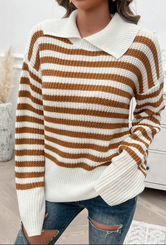 Lisa Striped Lapel Collar Pullover Knit Top - Camel