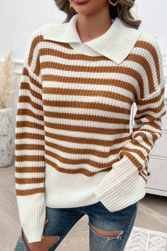 Lisa Striped Lapel Collar Pullover Knit Top - Camel