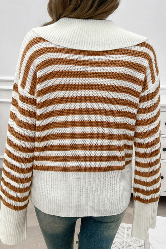 Lisa Striped Lapel Collar Pullover Knit Top - Camel