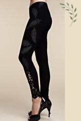 Vocal Leaf Print Rhinestone Leggings - Black