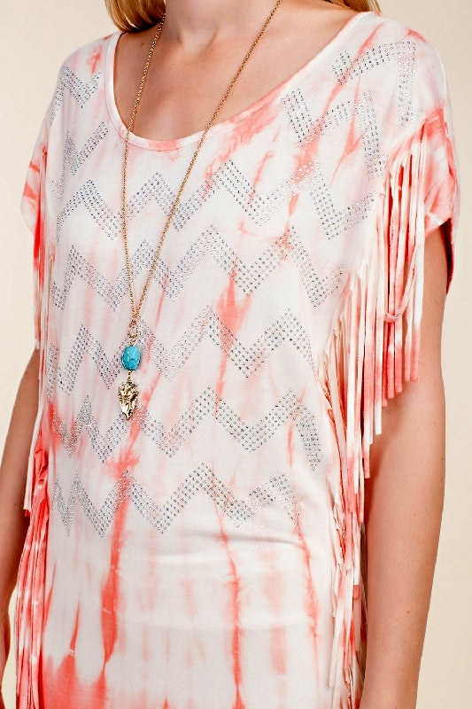 Vocal Chevron Rhinestones Fringe Tee Shirt Tunic Top - Coral