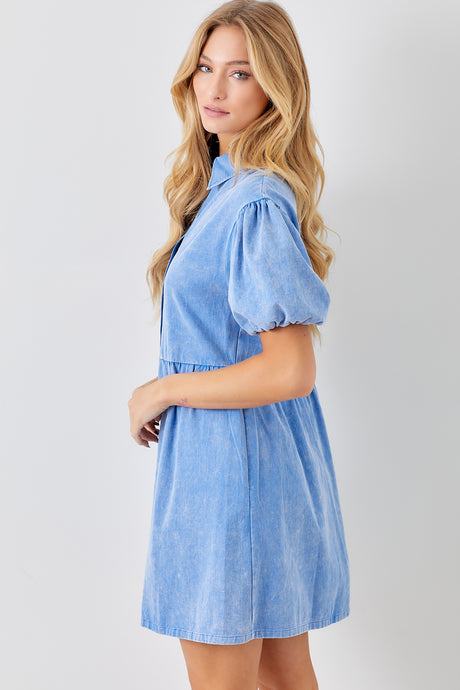 Baevely Pearl Snaps Mini Dress Puff Sleeves - Blue