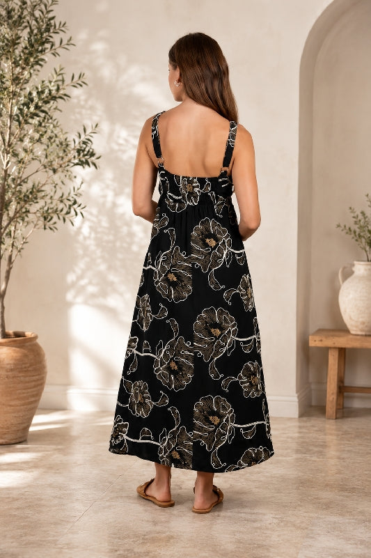 Blu Pepper Floral Embroidered Midi Dress - Black