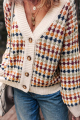 Dotty Pattern Knit Button Front V Neck Sweater Cardigan