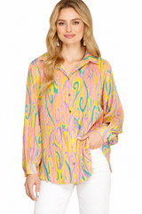 She + Sky Print Plisse Shirt Blouse - Banana/Pink