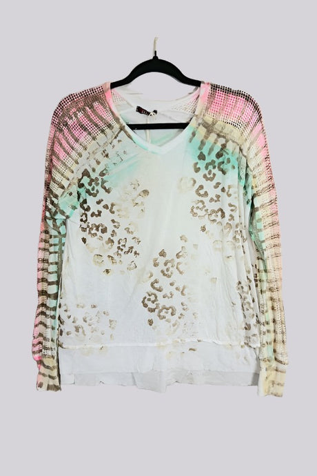 T-Party Neon Rainbow Fishnet Art Dye Animal Knit Top