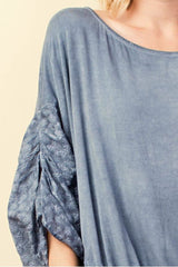 L Love Eyelet Puffy Sleeve Kimono Batwing Blouse - Slate Gray