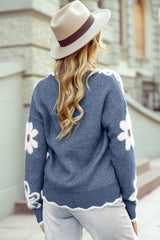 Jacquard Daisy Flower V-neck Sweater Top - Dusk Blue