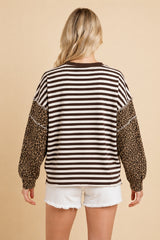 Leopard Patchwork Sleeve Striped Knit Top - Dk Brown