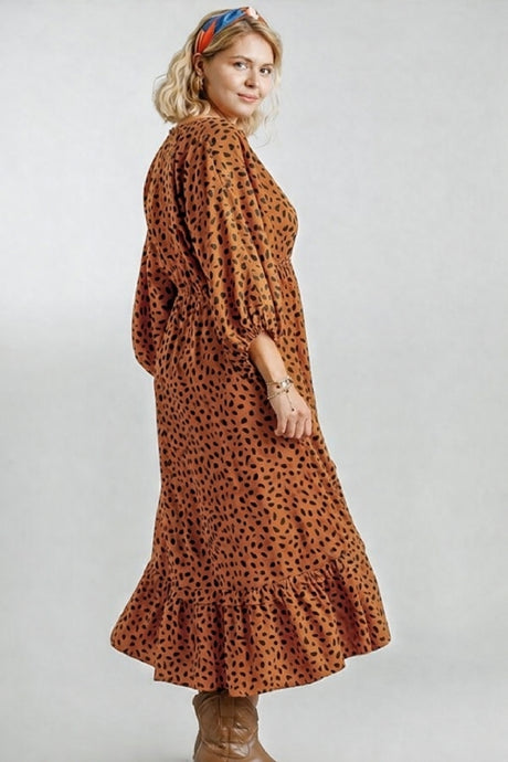 Umgee Dalmation Print Hi Lo Midi Plus Size Dress - Camel