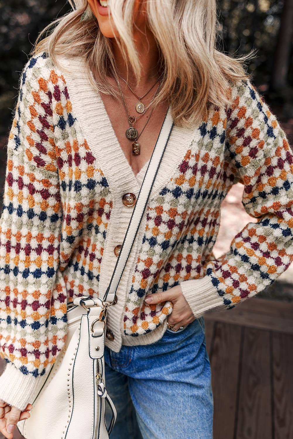 Dotty Pattern Knit Button Front V Neck Sweater Cardigan