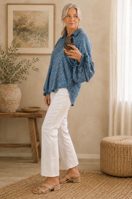 Catherine Lillywhite's Blue Leopard Print Balloon Sleeve Pullover Top
