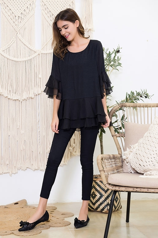 Sassy Bling Paisley Vine Ruffle Tunic Top - Black