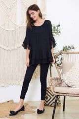 Sassy Bling Paisley Vine Ruffle Tunic Top - Black