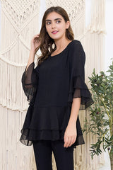 Sassy Bling Paisley Vine Ruffle Tunic Top - Black