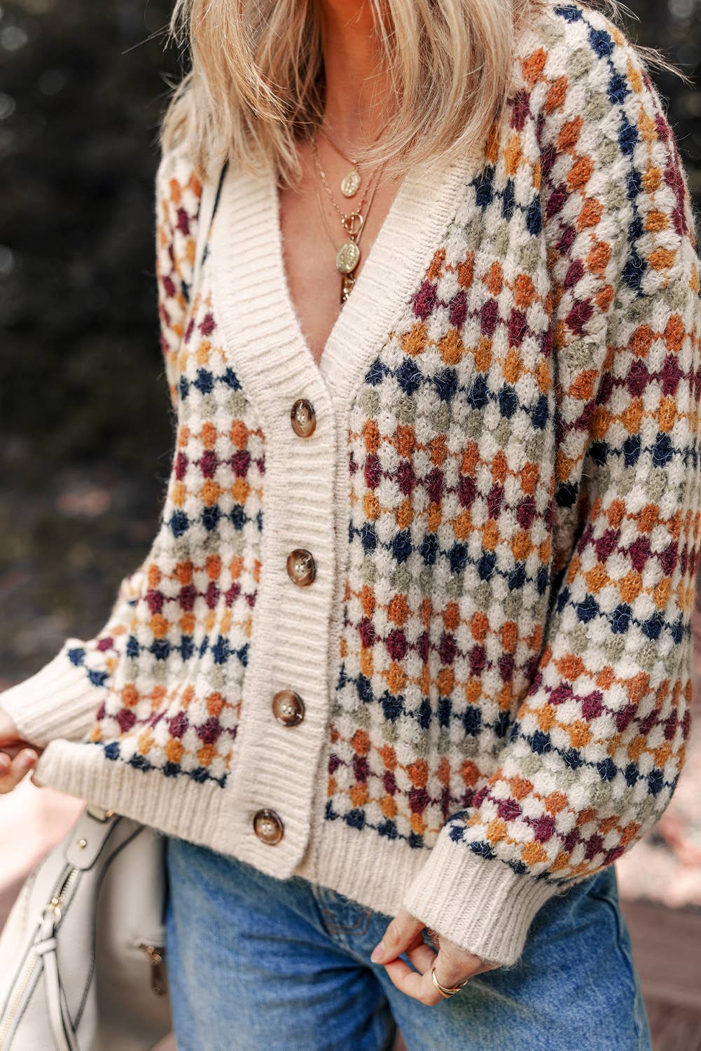 Dotty Pattern Knit Button Front V Neck Sweater Cardigan