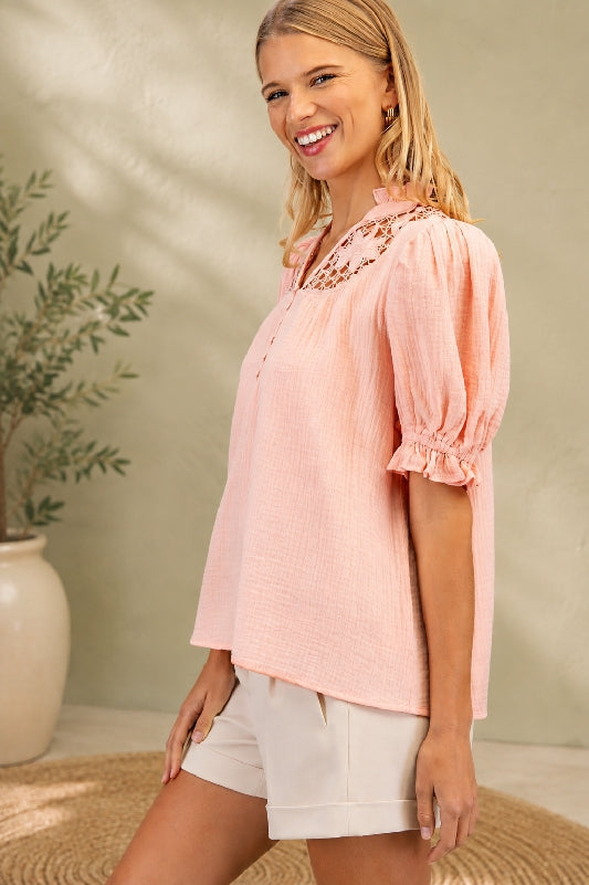 Peach Blouse Embroidered Yoke Ruffle Sleeves - Peach