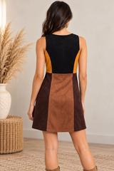 Lunik Brown Multi Faux Suede Color Block Snap Front Dress