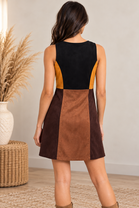 Lunik Brown Multi Faux Suede Color Block Snap Front Dress