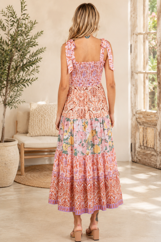 Mittoshop Smocked Patchwork Floral Boho Midi Dress Small
