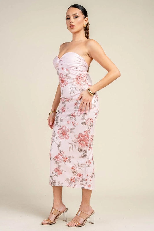 Clear Sequin Satin Twist Bust Floral Midi Dress - Baby Pink