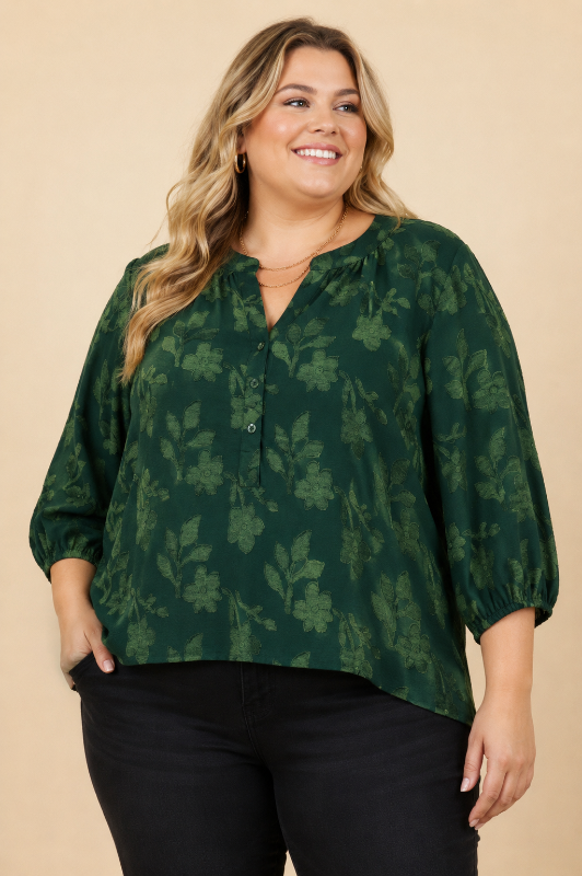 Plus Size Floral Textured Henley Blouse - Hunter Green