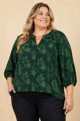 Plus Size Floral Textured Henley Blouse - Hunter Green