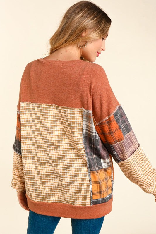 Pumpkin Patch Colorblock Patchwork Top - Rust/Charcoal/Mustard