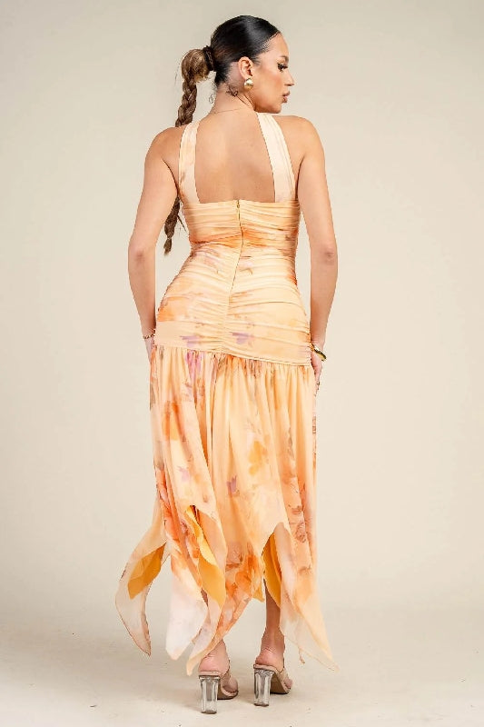 Printed Mesh Strapless Ruched Asymmetric Maxi Dress - Peach Orange