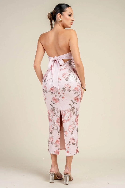 Clear Sequin Satin Twist Bust Floral Midi Dress - Baby Pink