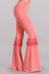 Chatoyant Mineral Wash Bell Bottom Soft Pants with Knee Tassel