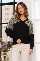 Adora Black Sequin Shoulder V-Neck Sweater