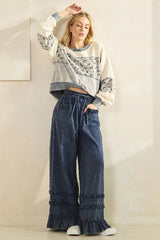 Mittoshop Mineral Wash Ruffle Trim Wide Leg Pants - Blueberry