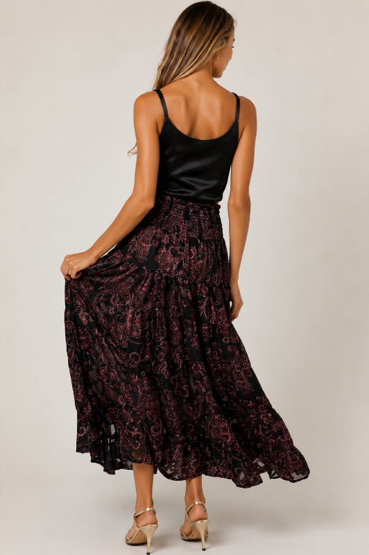 Angie Black & Plum Velvet Burnout Paisley Maxi Skirt