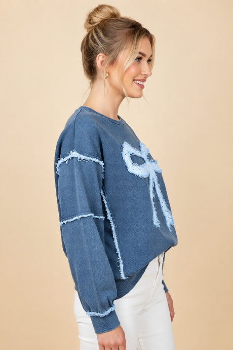 Denim-Style Eyelet Bow Sweatshirt - Dk Denim